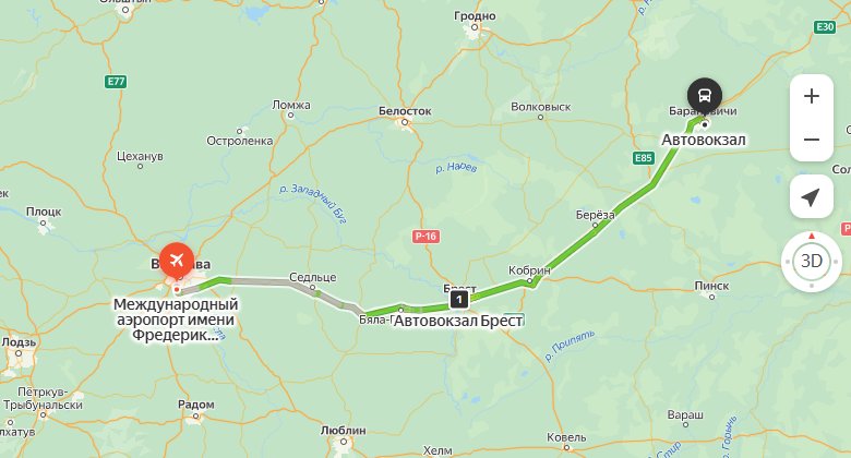 маршрут автобуса Варшава Шопен - Барановичи