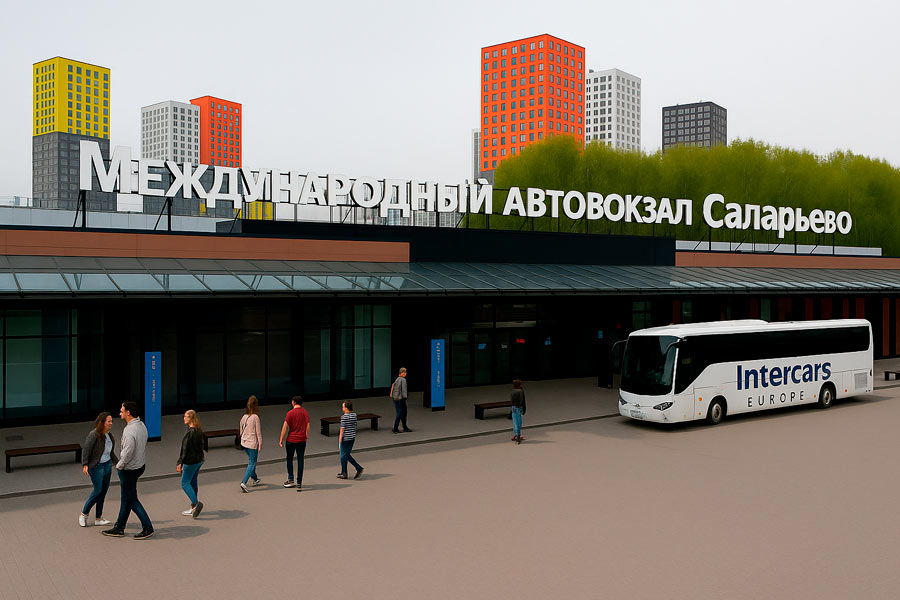 Международный автовокзал Саларьево — главный фасад и автобус Intercars