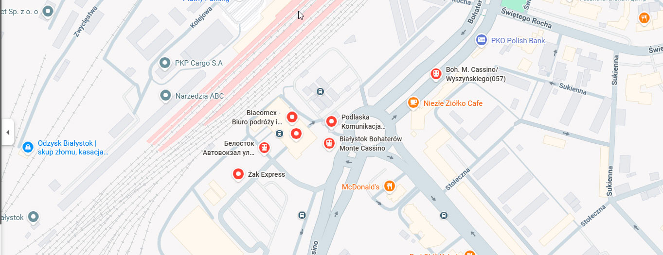 Карта: расположение Автовокзала Белостока и городских остановок