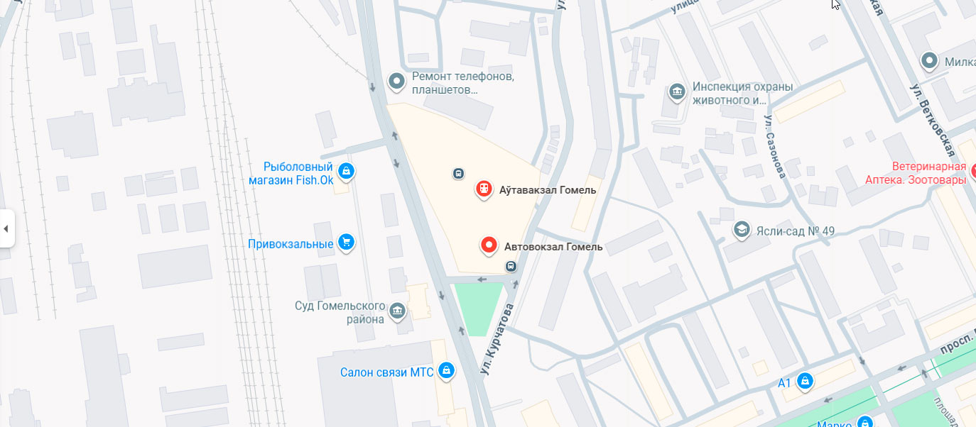 Карта: автовокзал Гомель и ж/д вокзал
