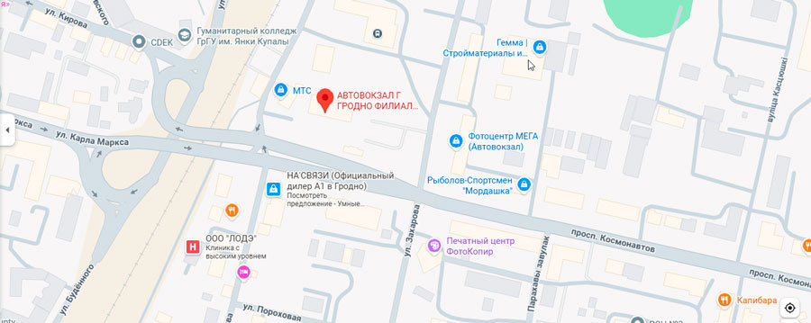 Карта: автовокзал Гродно на улице Красноармейская, 7А