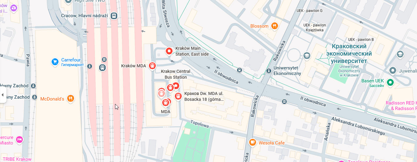 Карта: Kraków MDA (Bosacka 18) и переход от Kraków Główny