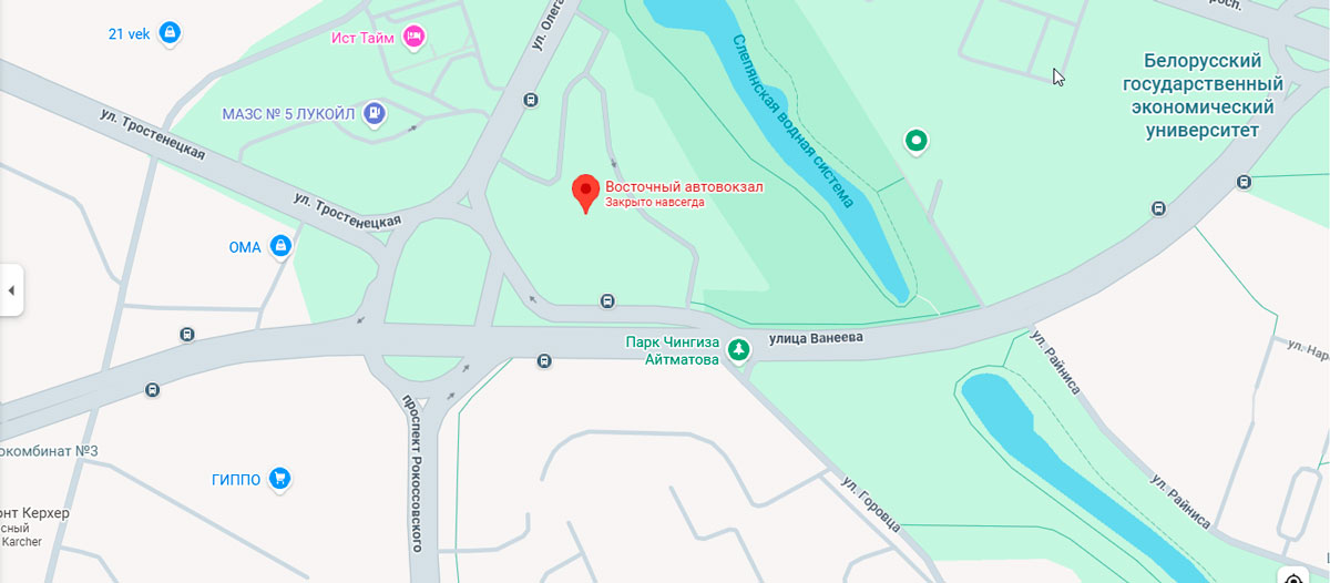 Карта расположения автовокзала Восточный в Минске