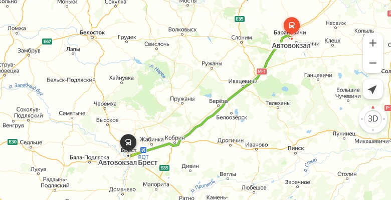 маршрут автобуса Барановичи - Брест