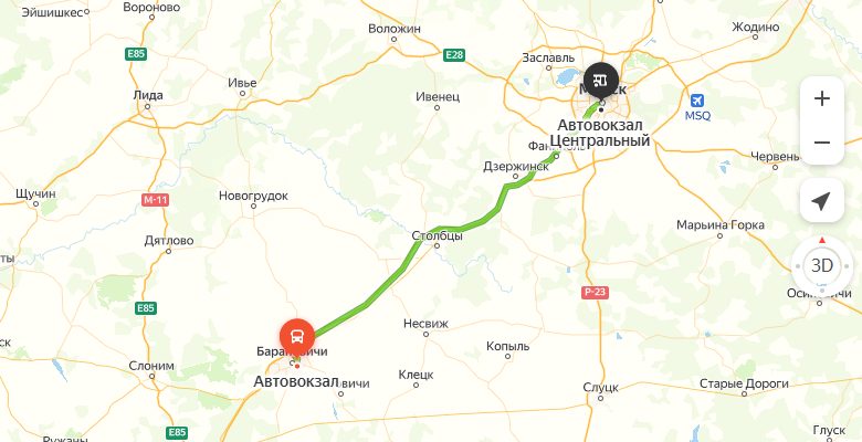 маршрут автобуса Барановичи - Минск