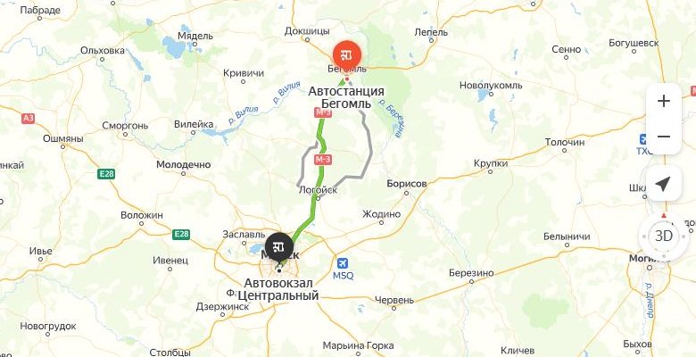 маршрут автобуса Бегомль - Минск