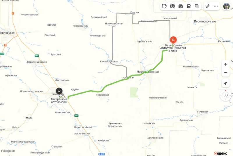 Белая Глина - Тихорецк карта