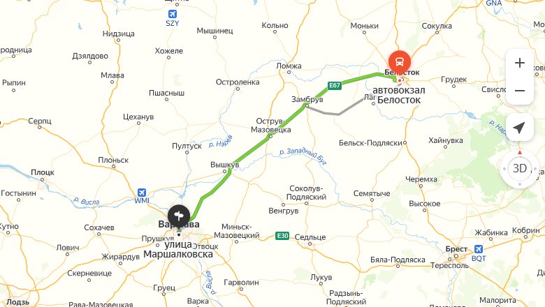 маршрут автобуса Белосток - Варшава