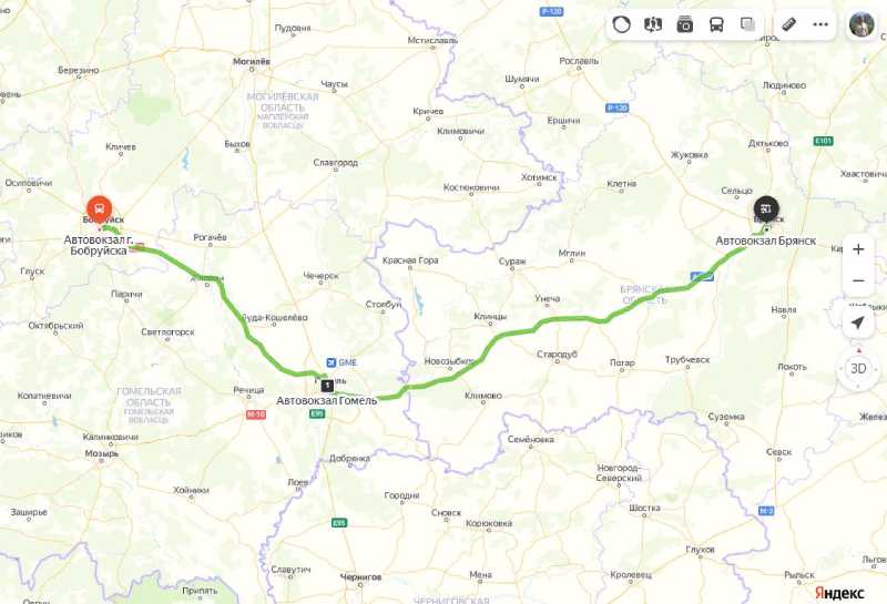 маршрут автобуса Бобруйск - Брянск