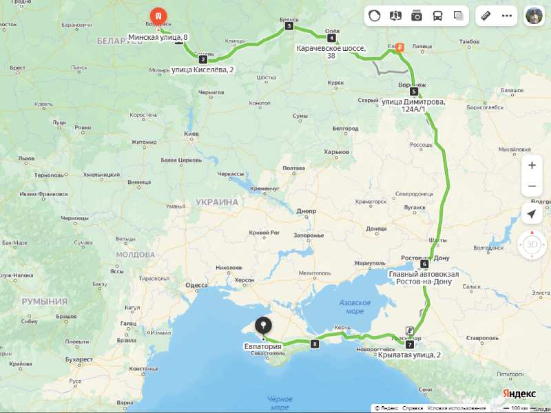 Бобруйск - Евпатория карта