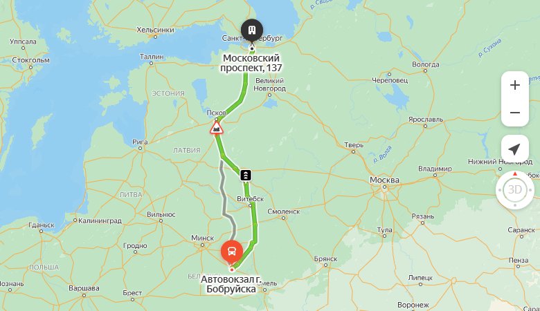 маршрут автобуса Бобруйск - Санкт-Петербург