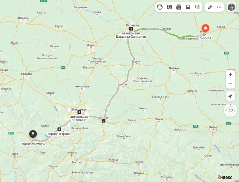 Брест - Оломоуц карта