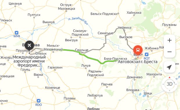 маршрут автобуса Брест - Варшава аэропорт Шопен