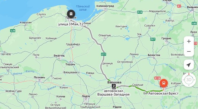 маршрут автобуса Брест – Гданьск