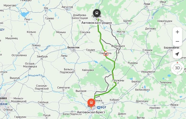 маршрут автобуса Брест – Гродно