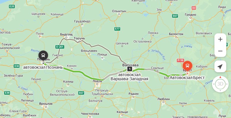 маршрут автобуса Брест - Познань