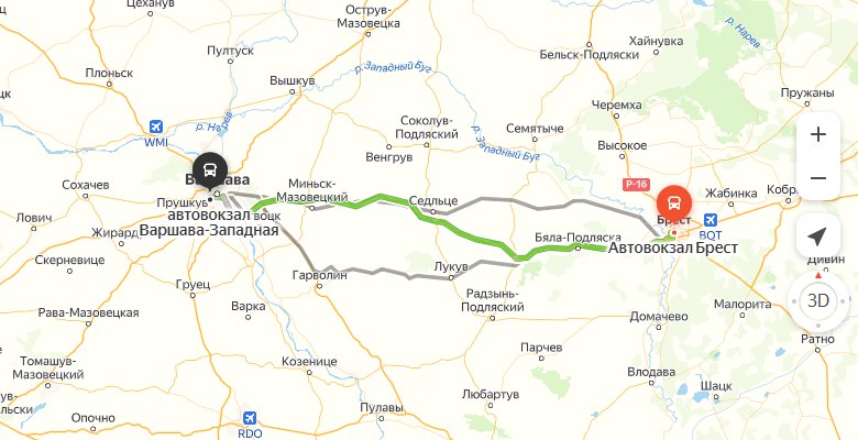маршрут автобуса Брест – Варшава