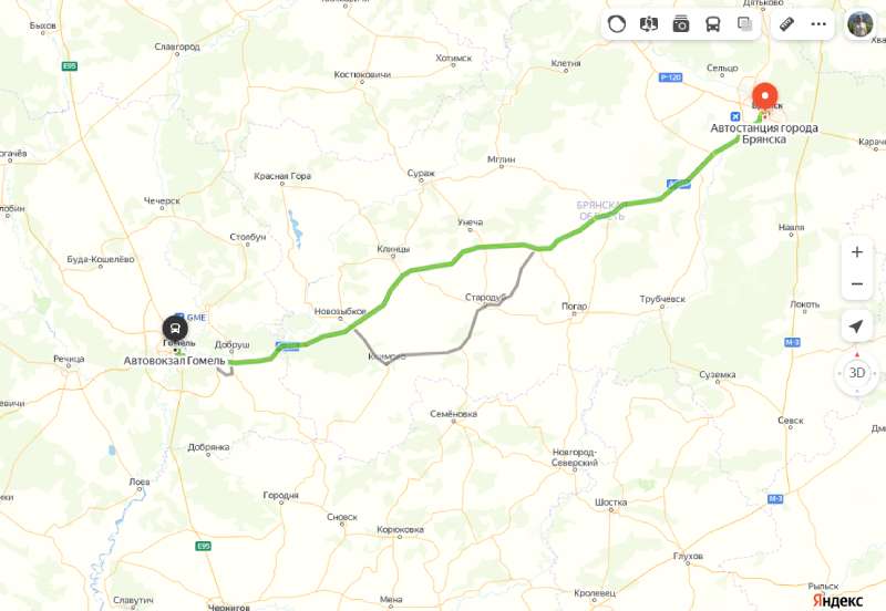 маршрут автобуса Брянск - Гомель