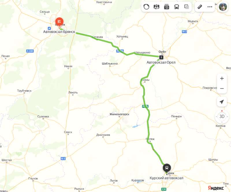 маршрут автобуса Брянск - Курск