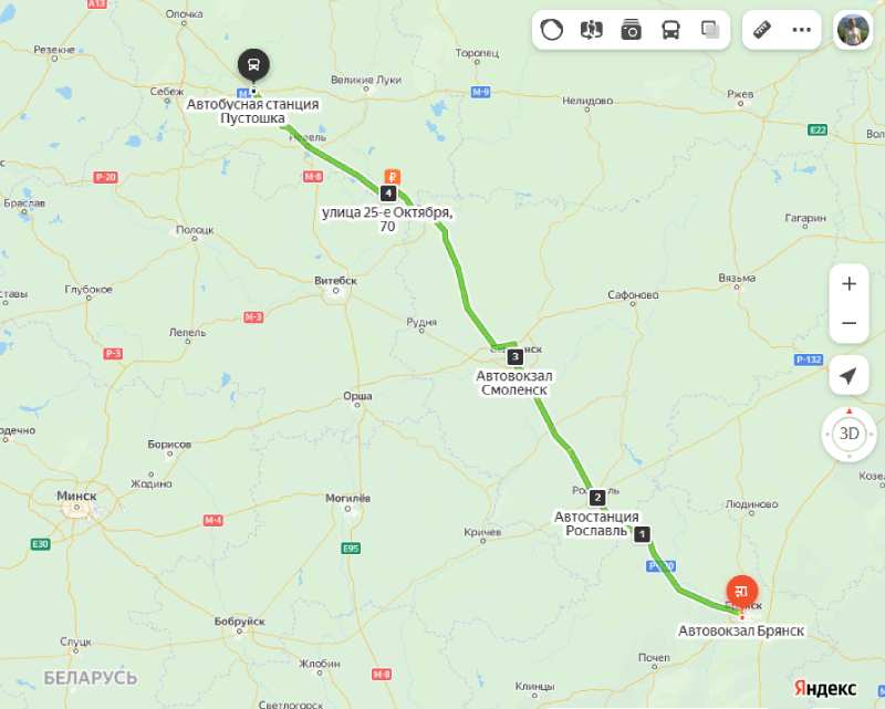 Брянск - Пустошка карта