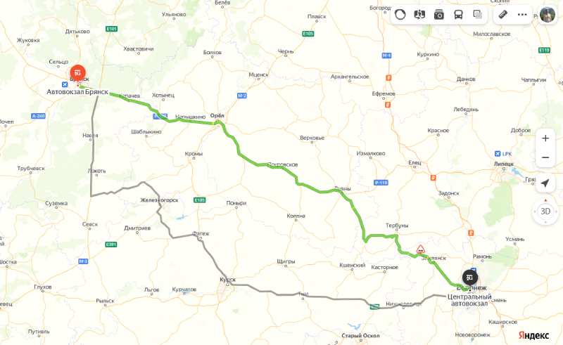 маршрут автобуса Брянск - Воронеж