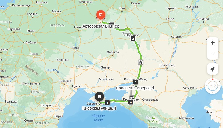 маршрут автобуса Брянск – Симферополь