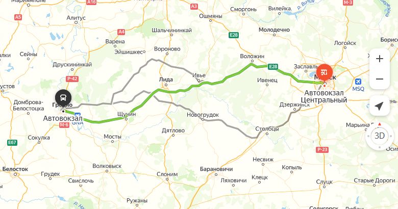 маршрут автобуса Минск - Гродно