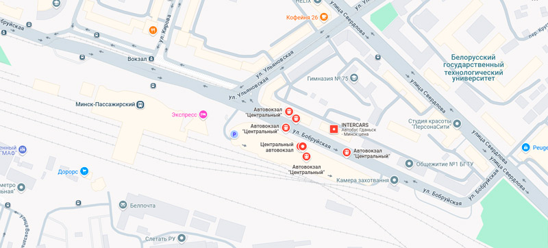 Карта: Центральный автовокзал Минска и подходы от ж/д и метро