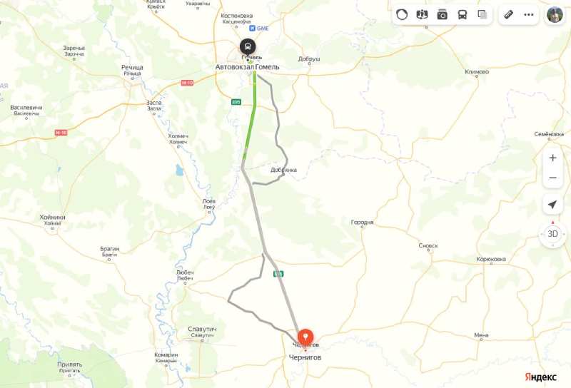 Чернигов - Гомель карта