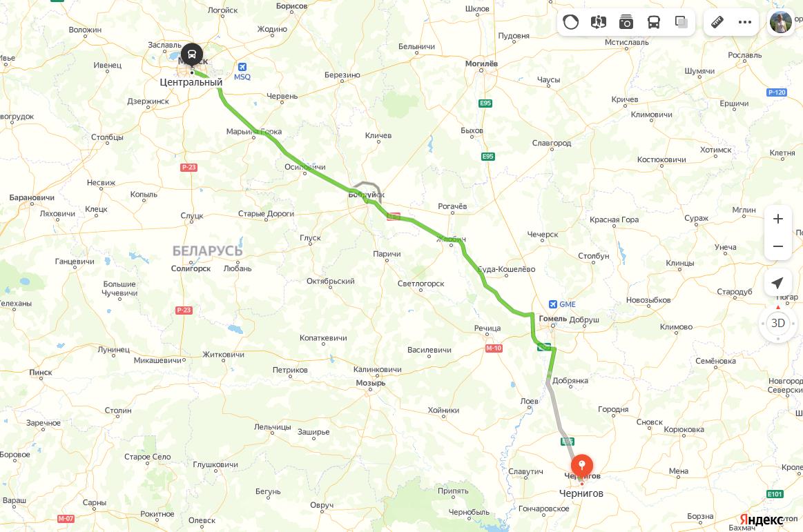 маршрут автобуса Чернигов - Минск