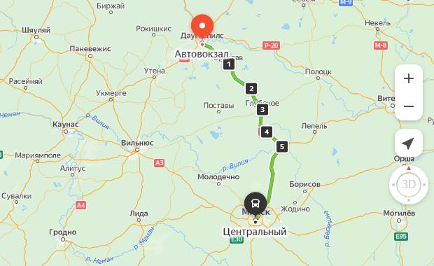 маршрут автобуса Даугавпилс - Минск