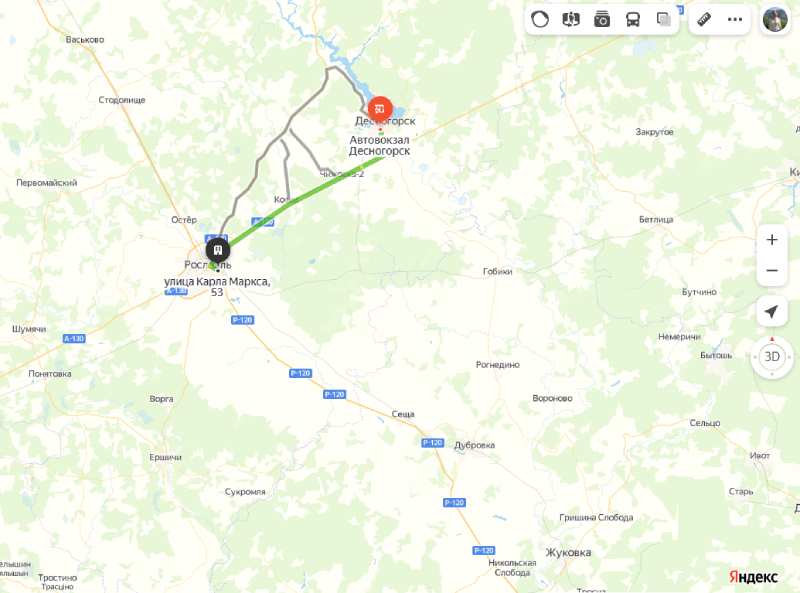 Десногорск - Рославль карта