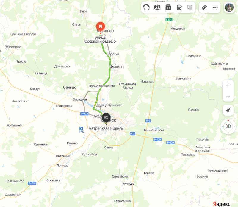 Дятьково - Брянск карта