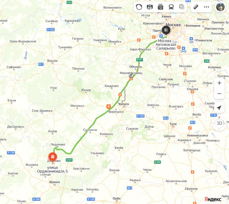 Дятьково - Москва карта