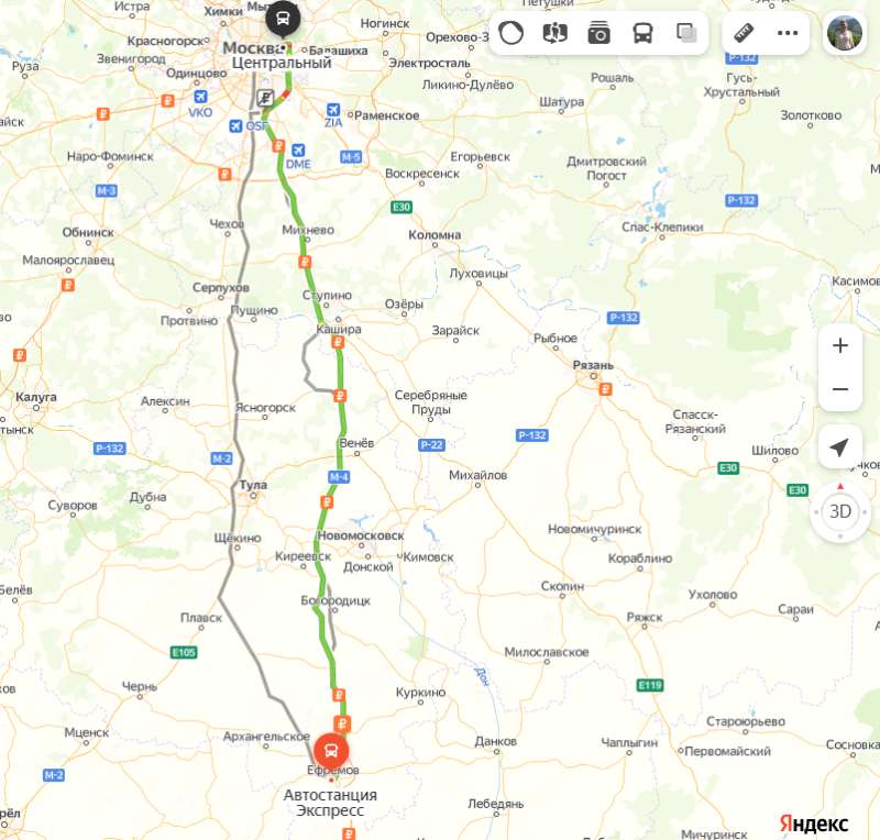 маршрут автобуса Ефремов – Москва