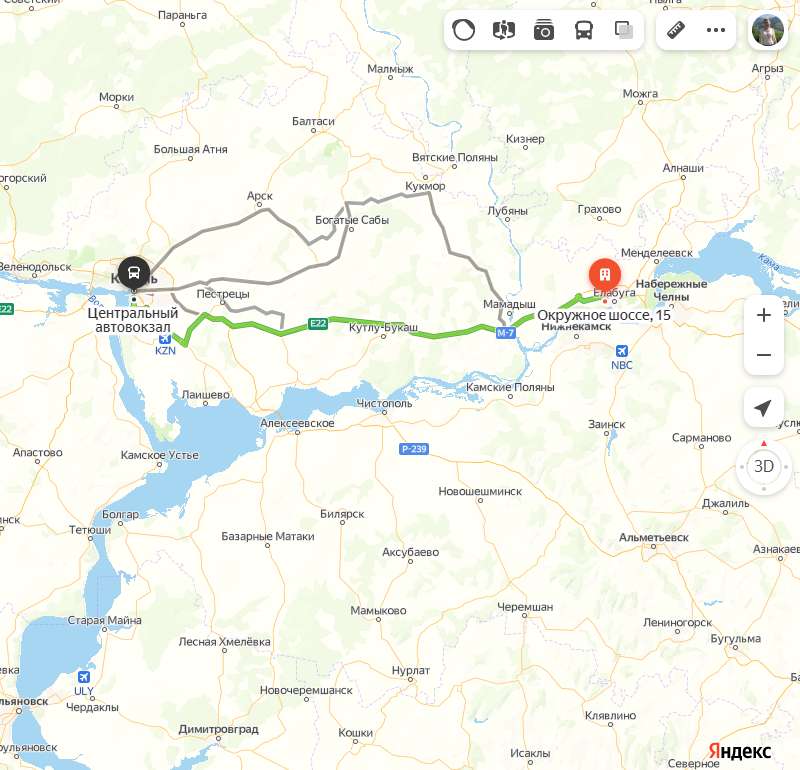 Елабуга - Казань карта