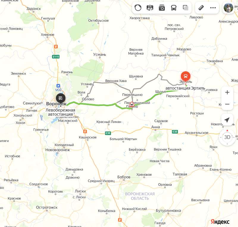 Эртиль - Воронеж карта