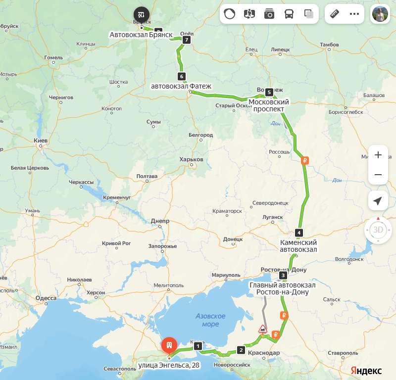 Феодосия - Брянск карта