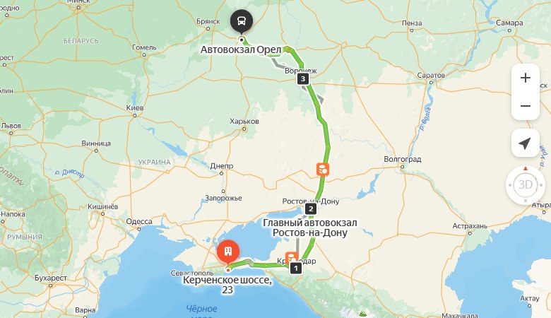 маршрут автобуса Феодосия – Орёл