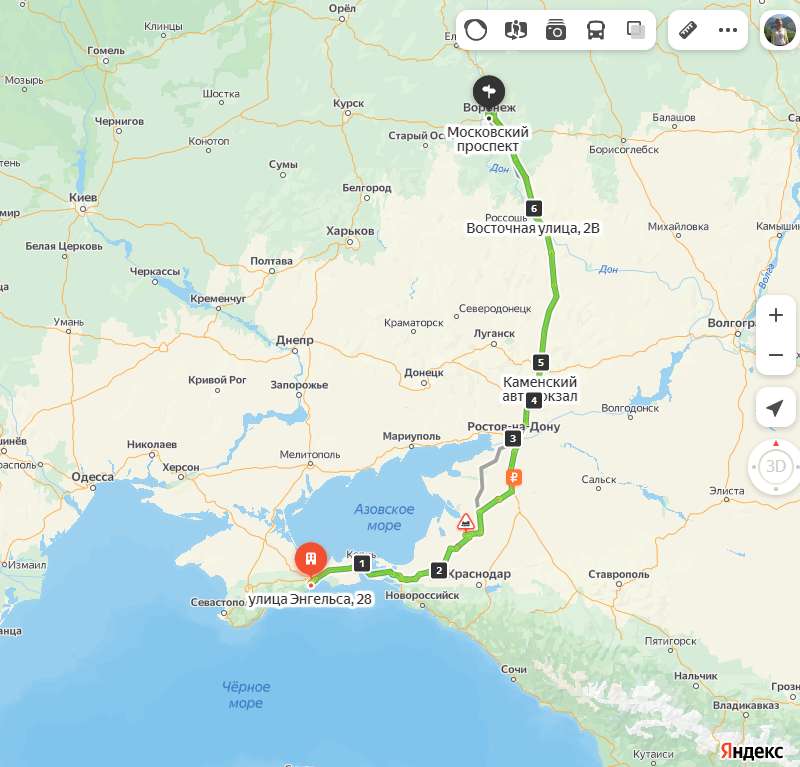 Феодосия - Воронеж карта