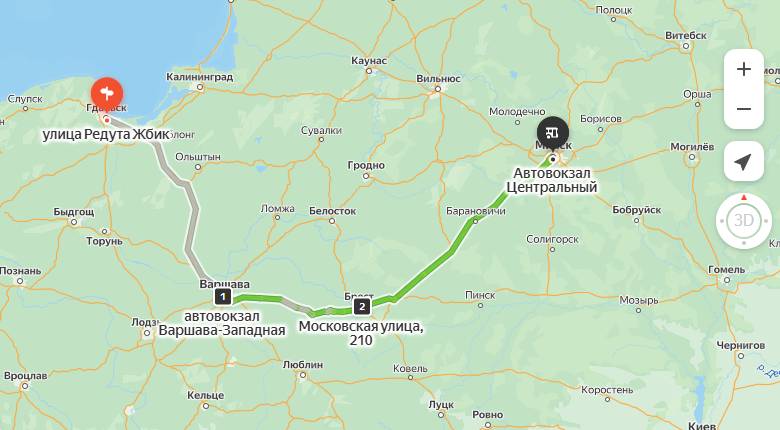 маршрут автобуса Гданьск - Минск