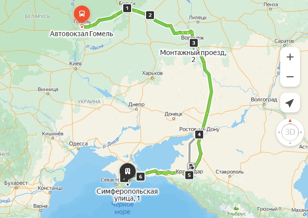 маршрут автобуса Гомель – Алушта