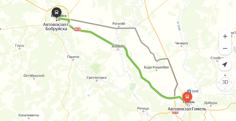 маршрут автобуса Гомель - Бобруйск