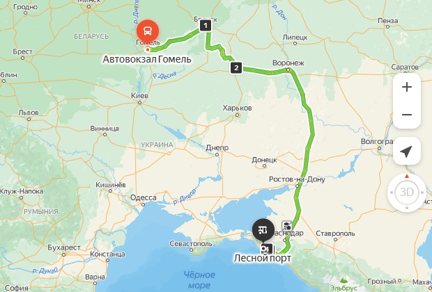 маршрут автобуса Гомель - Новороссийск