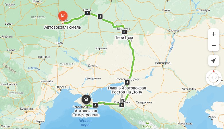 маршрут автобуса Гомель – Симферополь