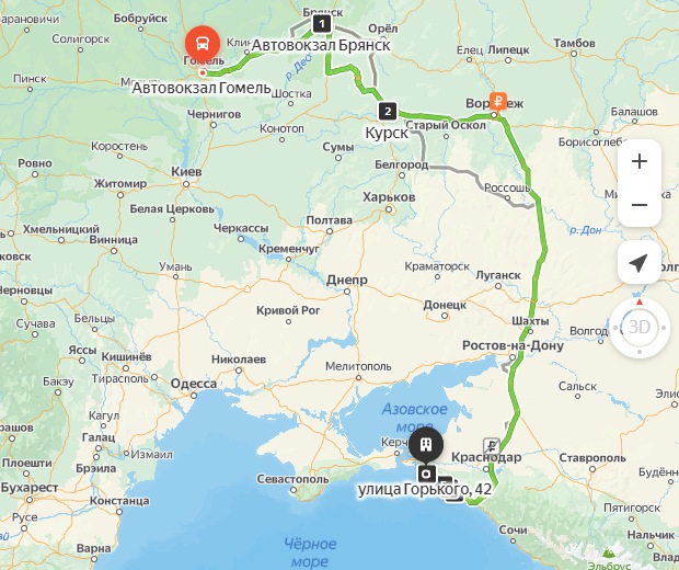 маршрут автобуса Гомель – Витязево