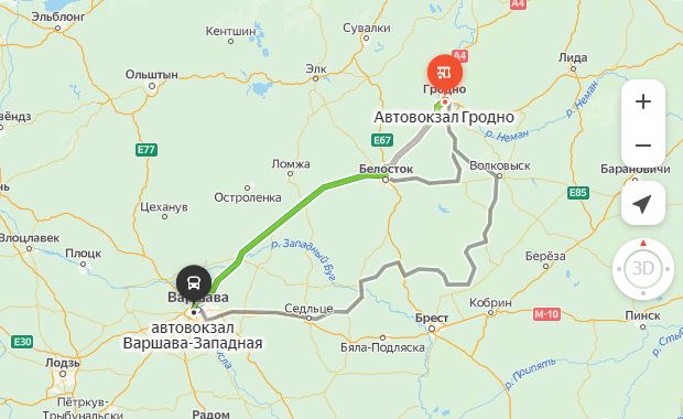 маршрут автобуса Гродно - Варшава