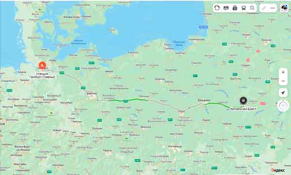 маршрут автобуса Гамбург - Брест