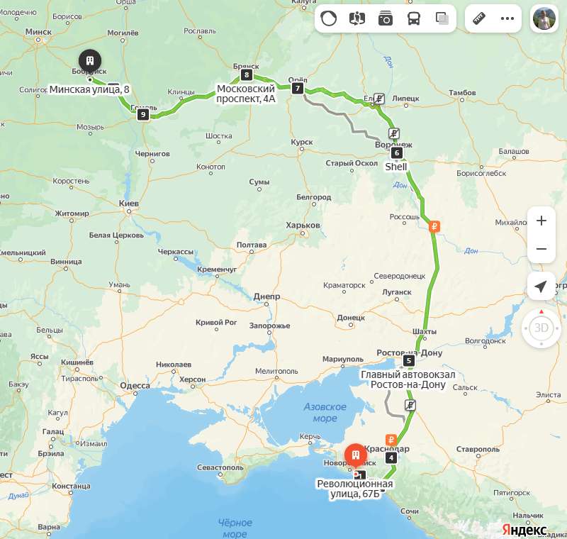 Кабардинка - Бобруйск карта