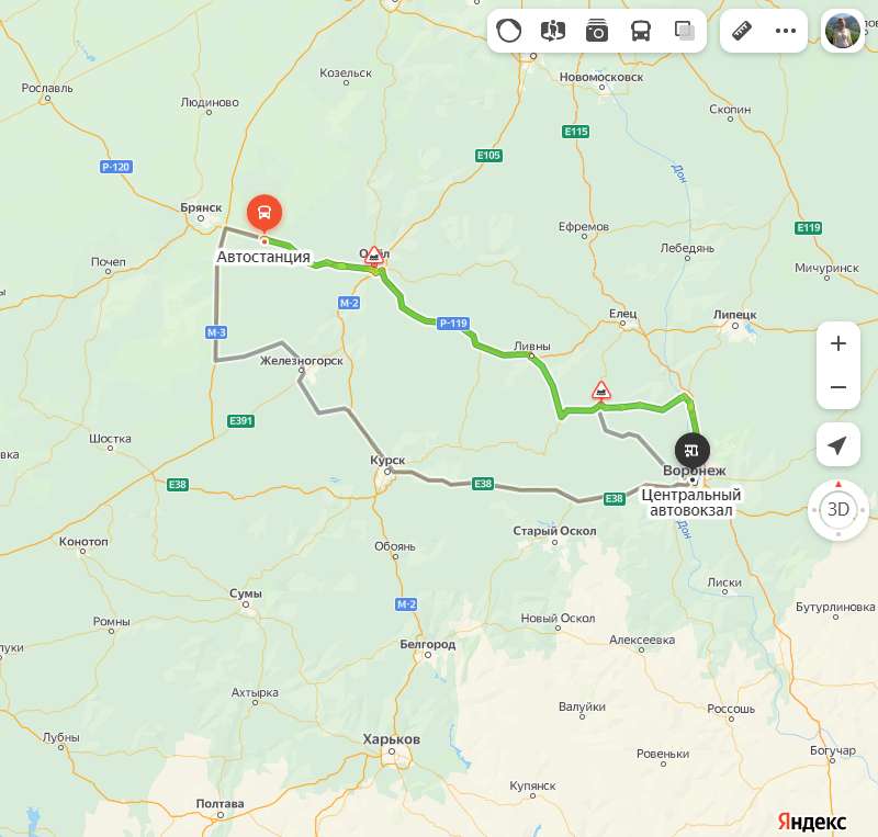 Карачев - Воронеж карта